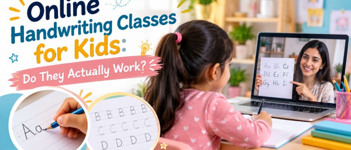 Online handwriting classes for kids with a teacher demonstrating alphabet writing and a child practising handwriting at home.