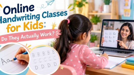 Online handwriting classes for kids with a teacher demonstrating alphabet writing and a child practising handwriting at home.