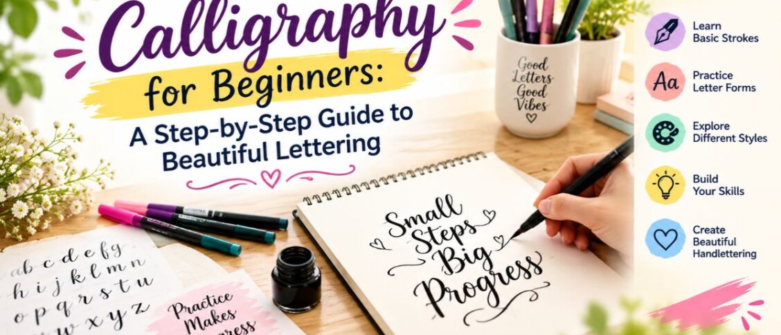 Calligraphy for beginners featuring brush pens, alphabet practice sheets, and a notebook with beautiful hand-lettering.