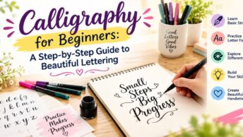 Calligraphy for beginners featuring brush pens, alphabet practice sheets, and a notebook with beautiful hand-lettering.