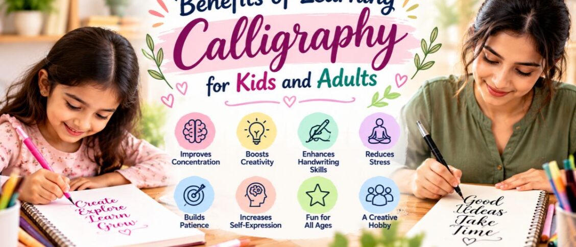 Benefits of learning calligraphy for kids and adults, featuring a child and an adult practising creative lettering with calligraphy pens.