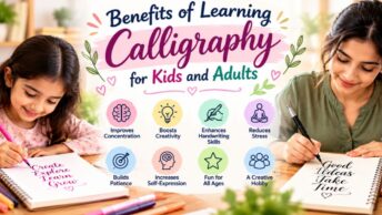 Benefits of learning calligraphy for kids and adults, featuring a child and an adult practising creative lettering with calligraphy pens.