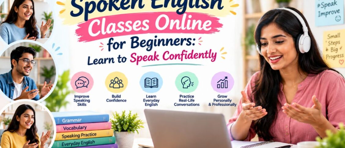 Spoken English classes online for beginners featuring a woman practising English conversation and building speaking confidence.
