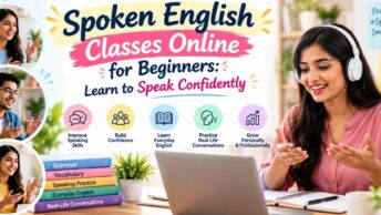 Spoken English classes online for beginners featuring a woman practising English conversation and building speaking confidence.