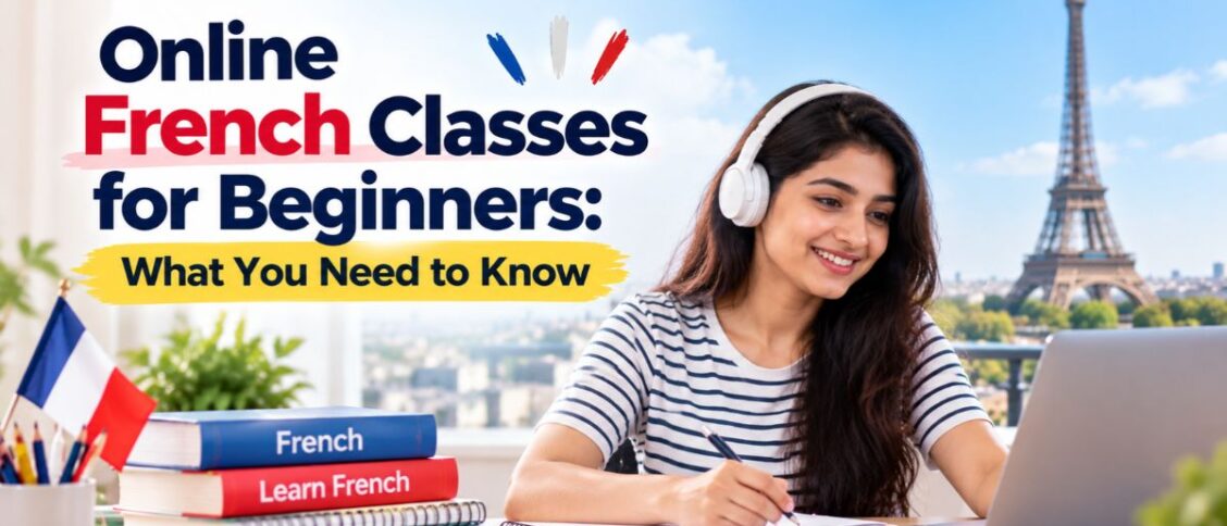 Online French classes for beginners featuring a student learning French at home with a laptop, books, and study notes.
