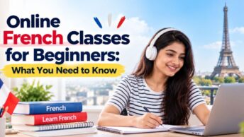 Online French classes for beginners featuring a student learning French at home with a laptop, books, and study notes.